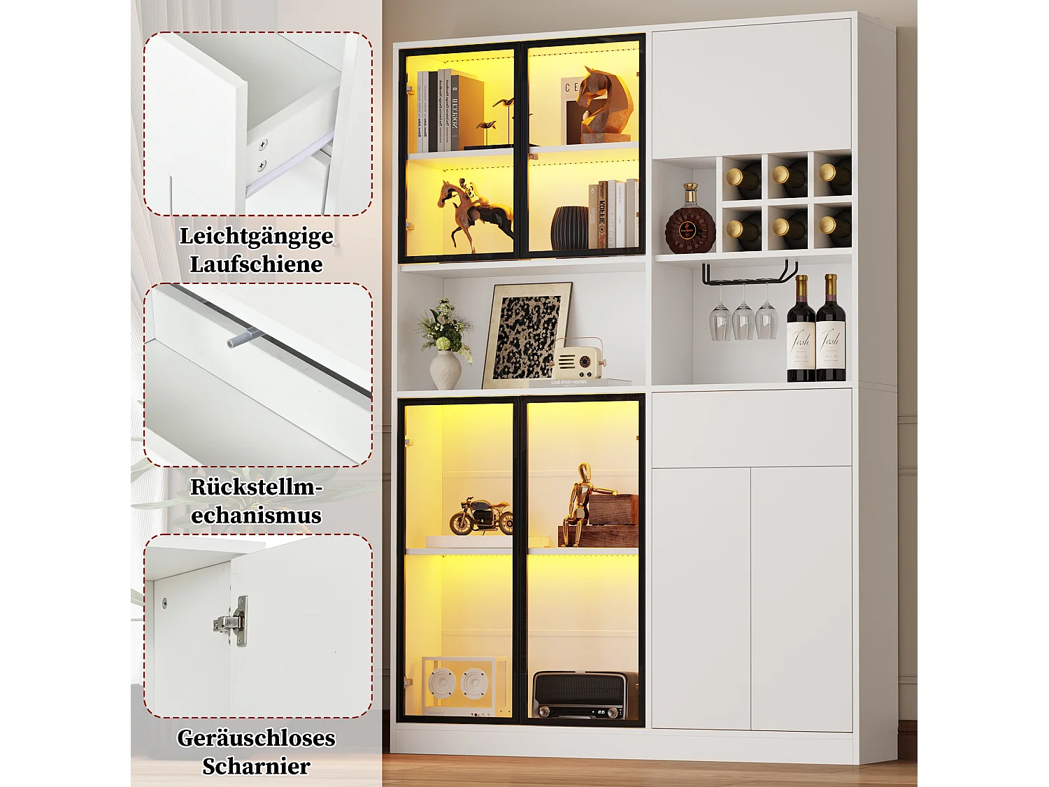 Vitrina 140x30x200 cm - 1 cajón y 7 puertas - Iluminación LED - 6 casilleros para botellas y portavasos suspendido - Blanco