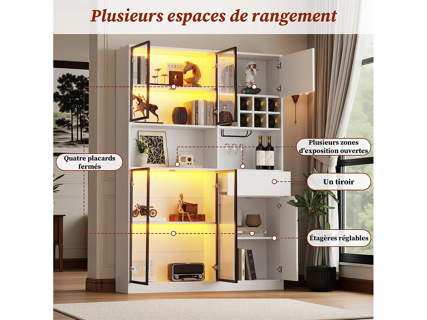 Vitrina 140x30x200 cm - 1 cajón y 7 puertas - Iluminación LED - 6 casilleros para botellas y portavasos suspendido - Blanco