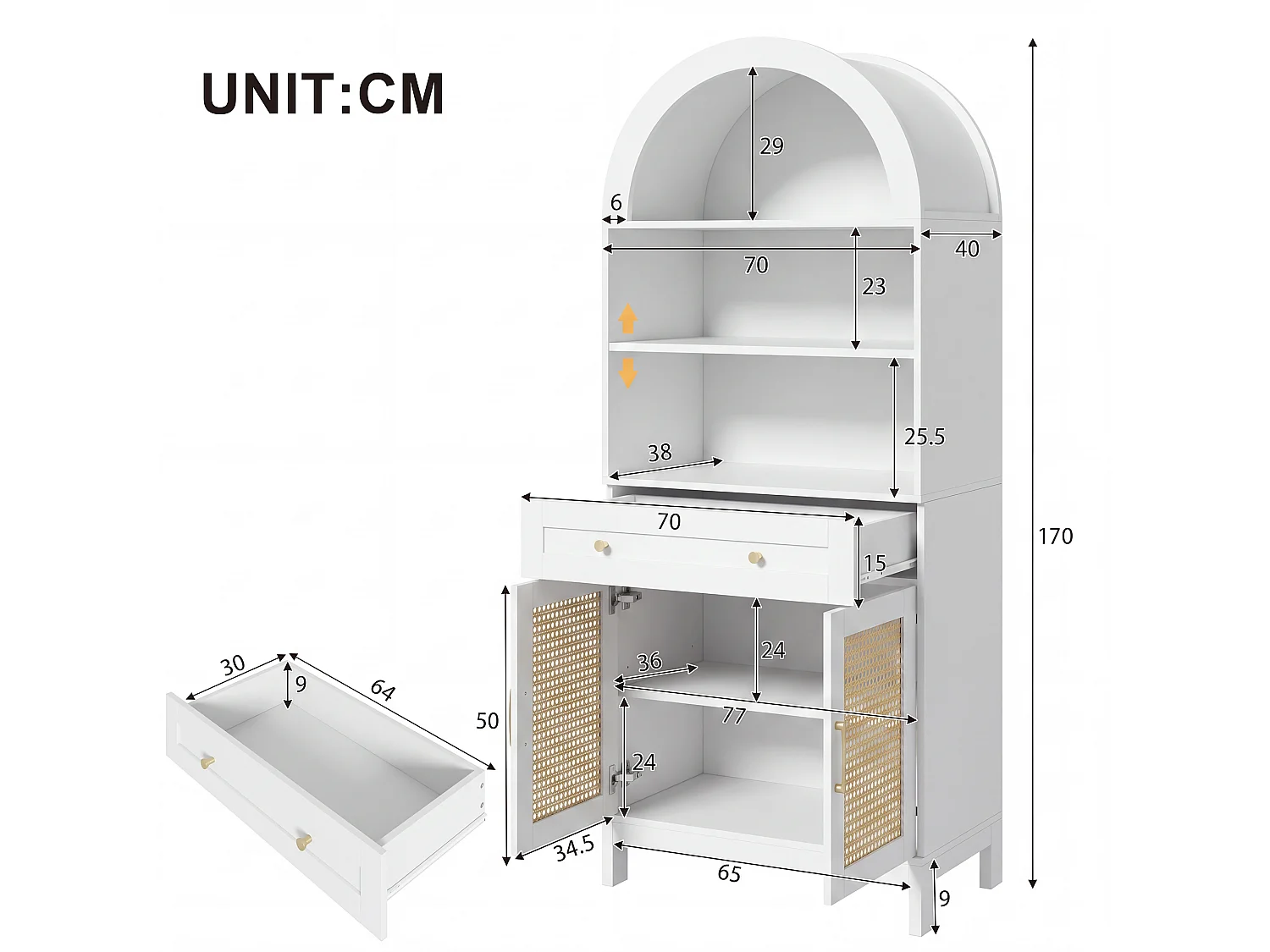 Vitrine incurvée moderne - avec 2 portes en rotin, 3 compartiments d'exposition + 1 tiroir - convient aux salons et aux couloirs - Blanc