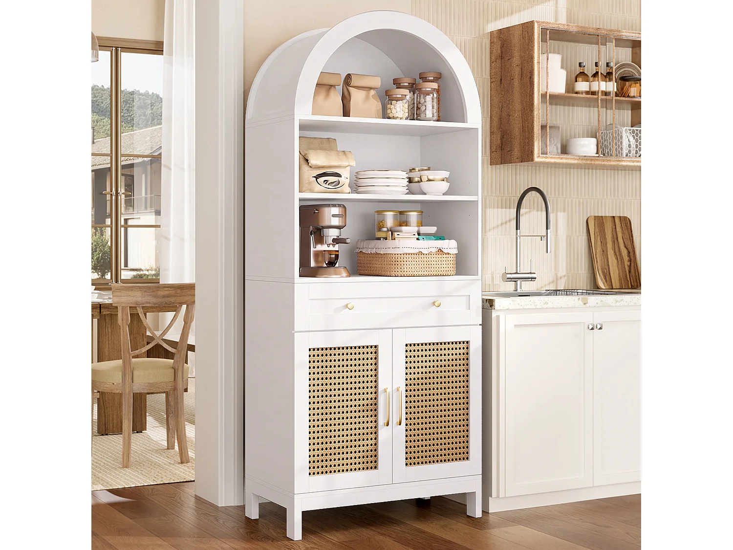 Vitrine incurvée moderne - avec 2 portes en rotin, 3 compartiments d'exposition + 1 tiroir - convient aux salons et aux couloirs - Blanc