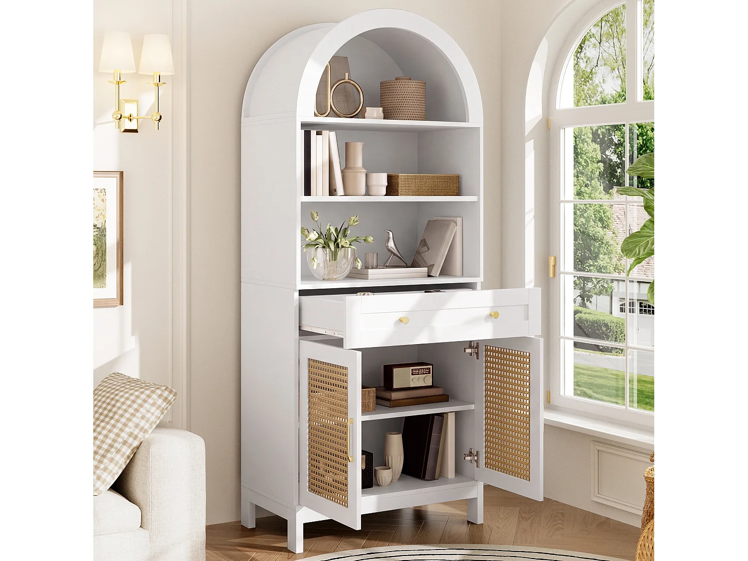 Vitrine incurvée moderne - avec 2 portes en rotin, 3 compartiments d'exposition + 1 tiroir - convient aux salons et aux couloirs - Blanc