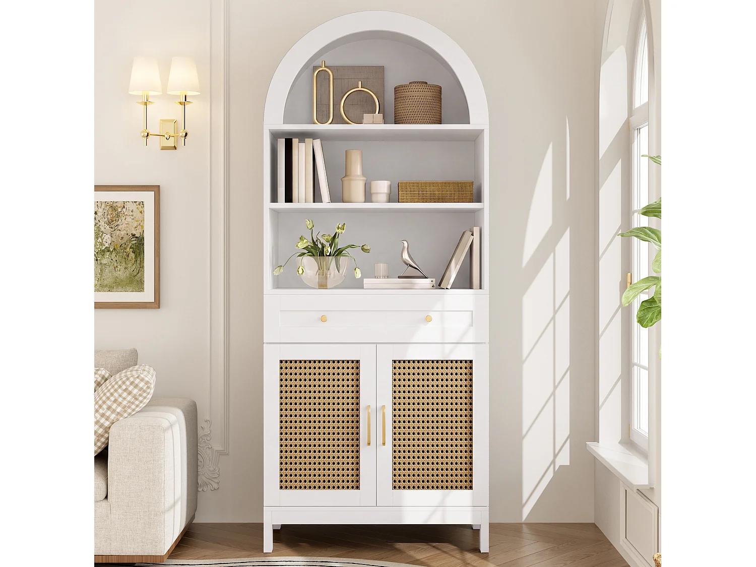 Vitrine incurvée moderne - avec 2 portes en rotin, 3 compartiments d'exposition + 1 tiroir - convient aux salons et aux couloirs - Blanc