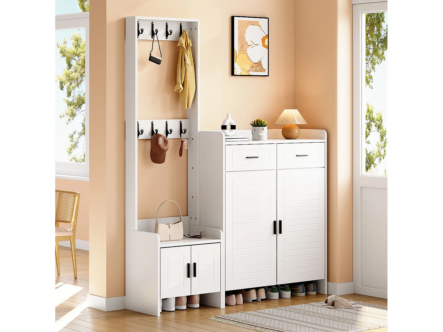 Schuhschrank mit 4 Türen, 2 Schubladen, 8 Haken und 10 Einlegeböden – Spanplatte/MDF – 125 x 36 x 165 cm – Weiß
