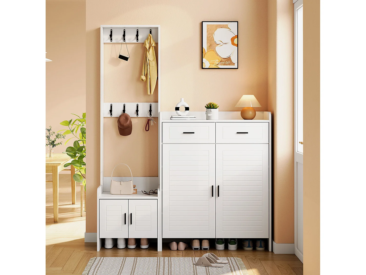 Schuhschrank mit 4 Türen, 2 Schubladen, 8 Haken und 10 Einlegeböden – Spanplatte/MDF – 125 x 36 x 165 cm – Weiß