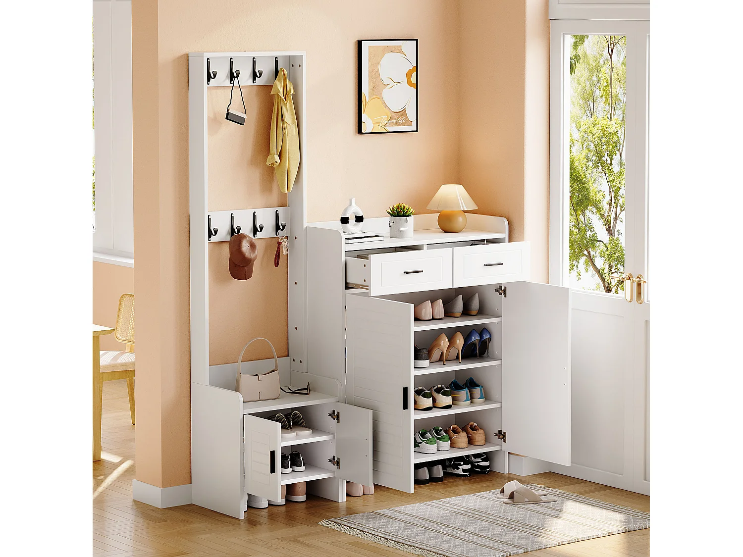 Schuhschrank mit 4 Türen, 2 Schubladen, 8 Haken und 10 Einlegeböden – Spanplatte/MDF – 125 x 36 x 165 cm – Weiß
