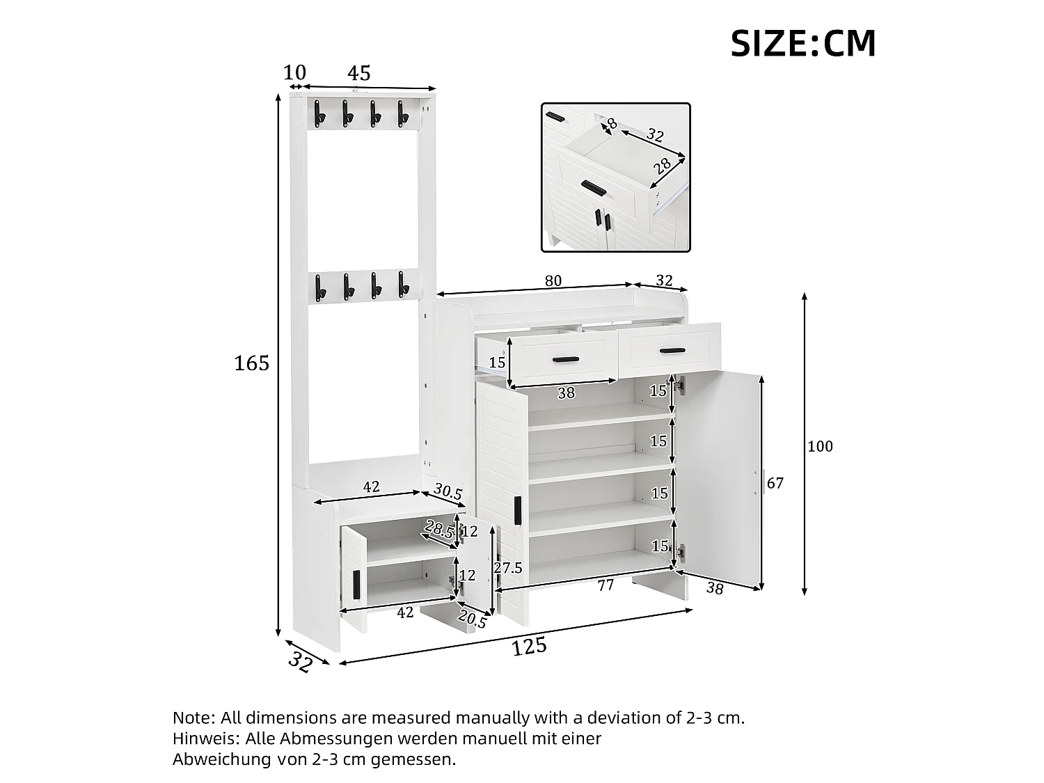 Schuhschrank mit 4 Türen, 2 Schubladen, 8 Haken und 10 Einlegeböden – Spanplatte/MDF – 125 x 36 x 165 cm – Weiß