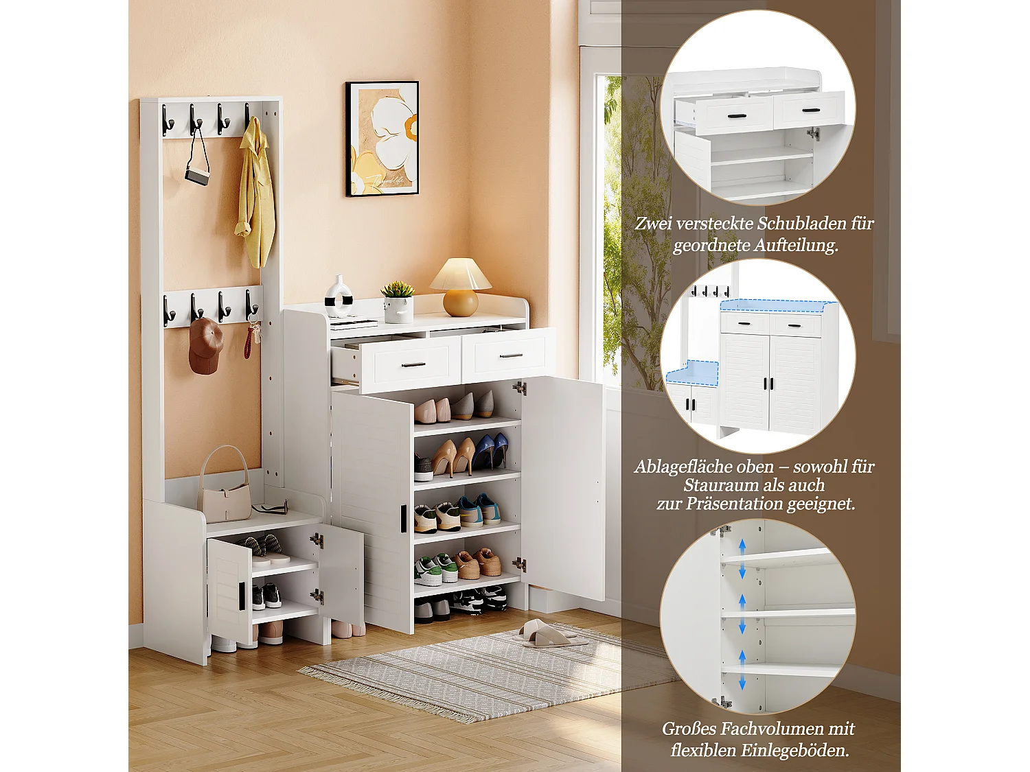 Schuhschrank mit 4 Türen, 2 Schubladen, 8 Haken und 10 Einlegeböden – Spanplatte/MDF – 125 x 36 x 165 cm – Weiß