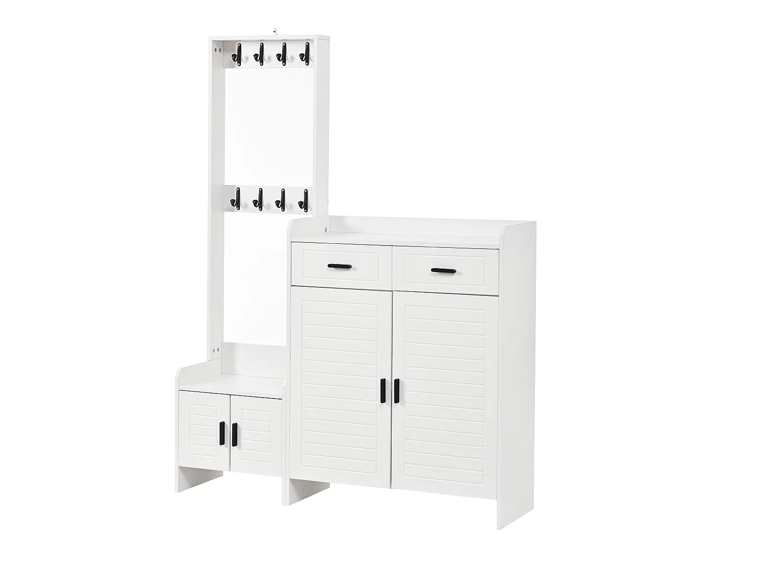 Schuhschrank mit 4 Türen, 2 Schubladen, 8 Haken und 10 Einlegeböden – Spanplatte/MDF – 125 x 36 x 165 cm – Weiß