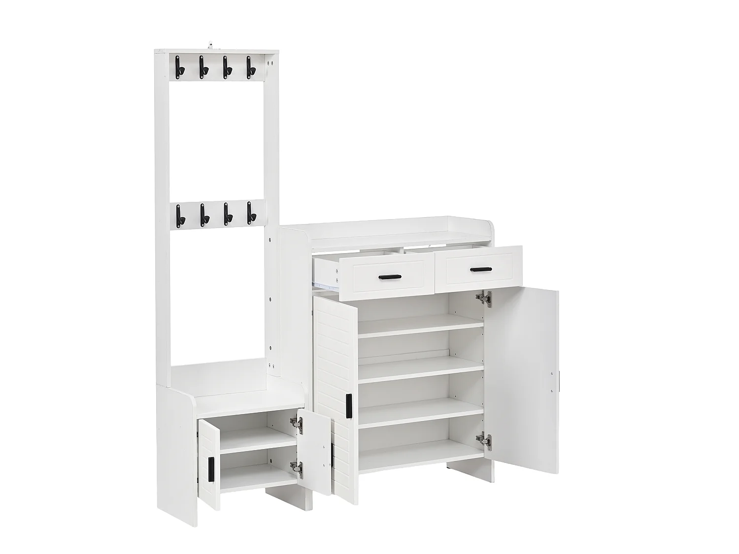 Schuhschrank mit 4 Türen, 2 Schubladen, 8 Haken und 10 Einlegeböden – Spanplatte/MDF – 125 x 36 x 165 cm – Weiß