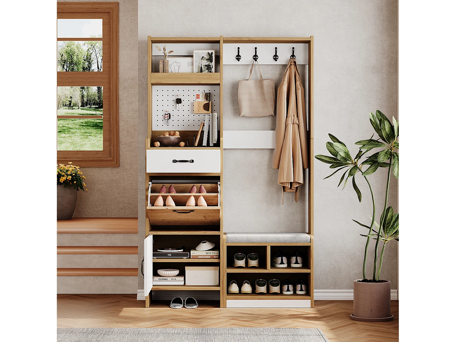 Meuble à chaussures avec banc rembourré, penderie, 1 tiroir et 2 portes - Panneaux de particules - 108,5x35x180 cm - Chêne et blanc