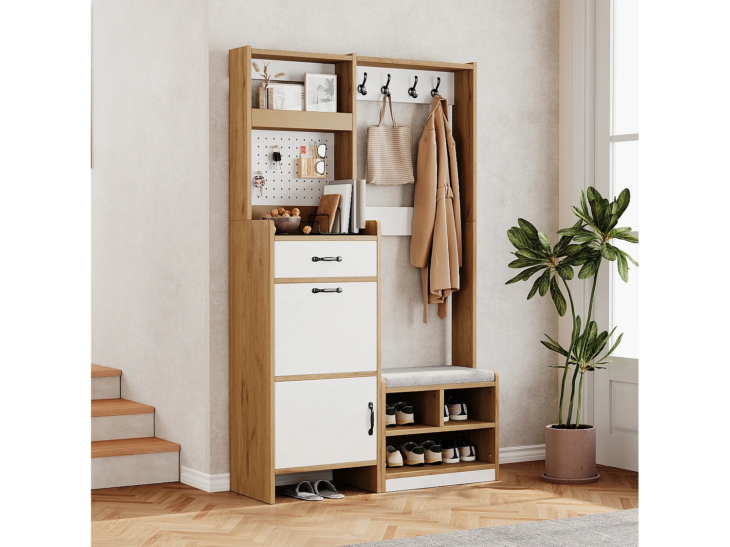 Meuble à chaussures avec banc rembourré, penderie, 1 tiroir et 2 portes - Panneaux de particules - 108,5x35x180 cm - Chêne et blanc