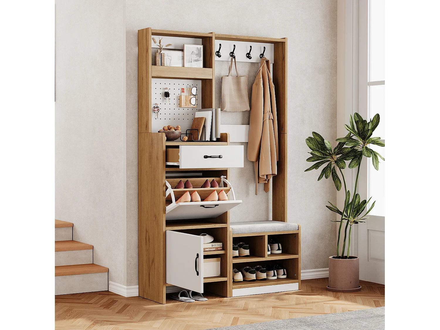 Meuble à chaussures avec banc rembourré, penderie, 1 tiroir et 2 portes - Panneaux de particules - 108,5x35x180 cm - Chêne et blanc
