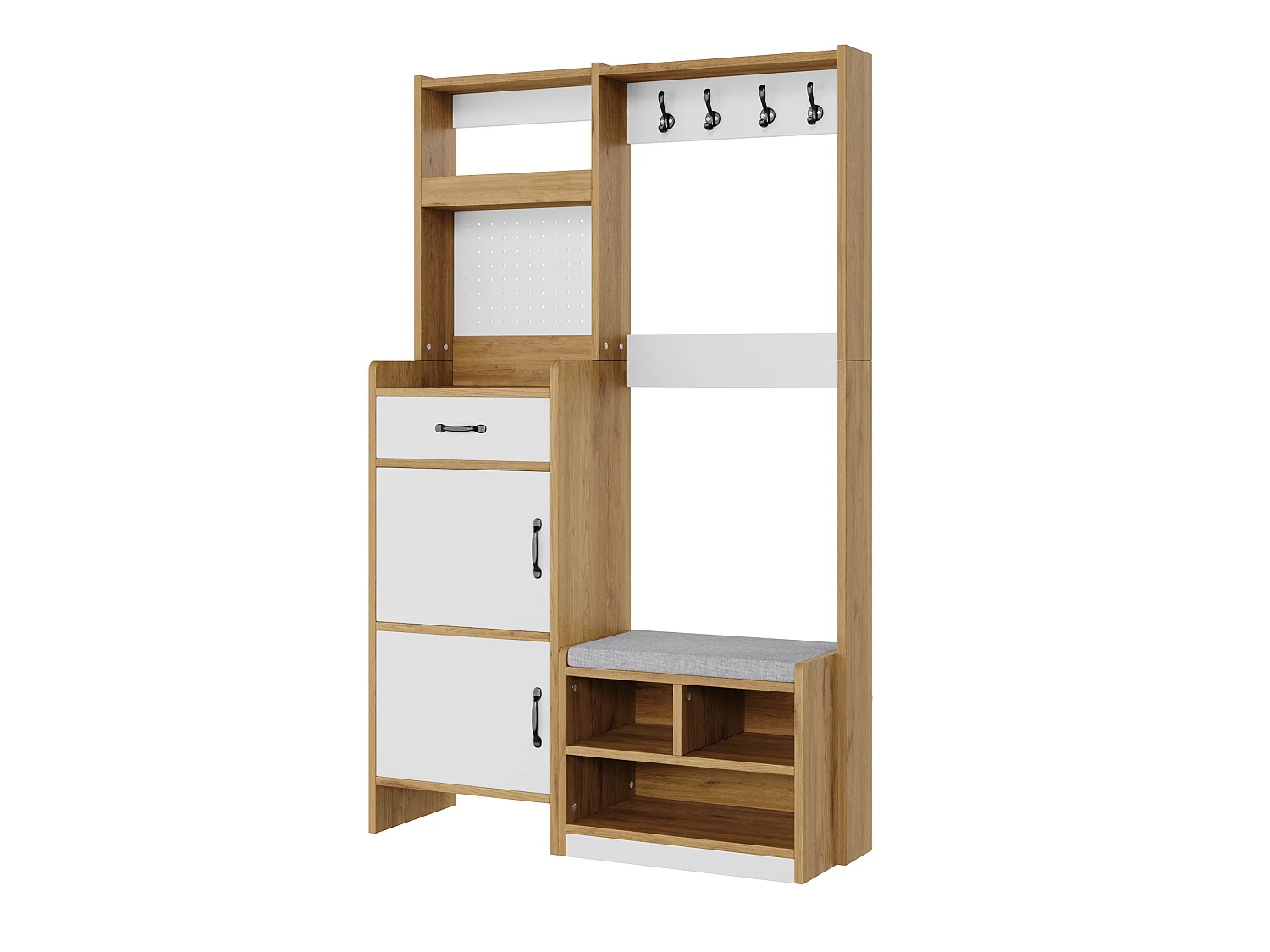 Meuble à chaussures avec banc rembourré, penderie, 1 tiroir et 2 portes - Panneaux de particules - 108,5x35x180 cm - Chêne et blanc