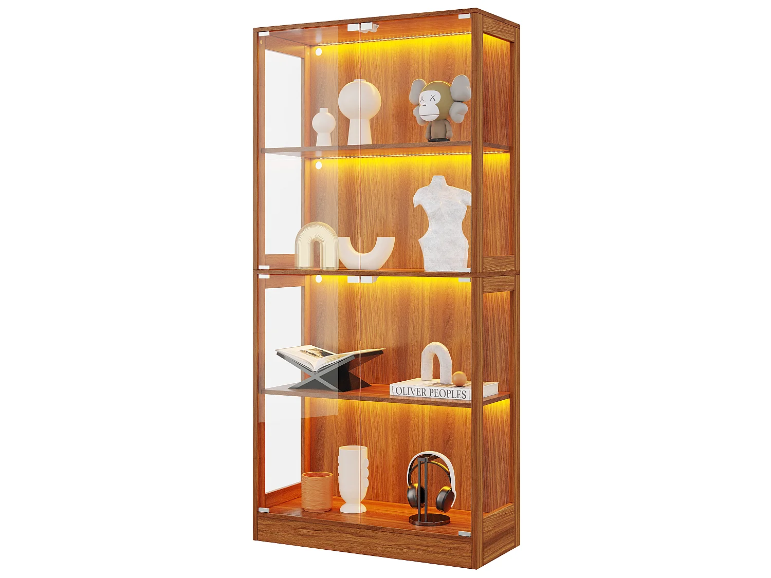 Vitrinskåp i glas 80x35x170 cm - LED-belysning - 4 glasdörrar och 4 förvaringshyllor - Finish i träimitation - Brun