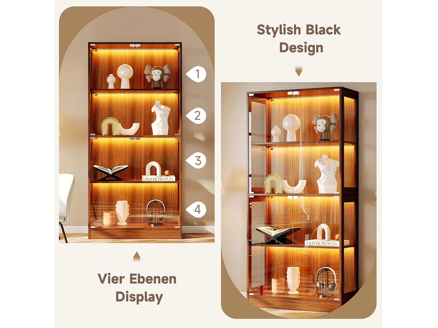 Vitrinskåp i glas 80x35x170 cm - LED-belysning - 4 glasdörrar och 4 förvaringshyllor - Finish i träimitation - Brun