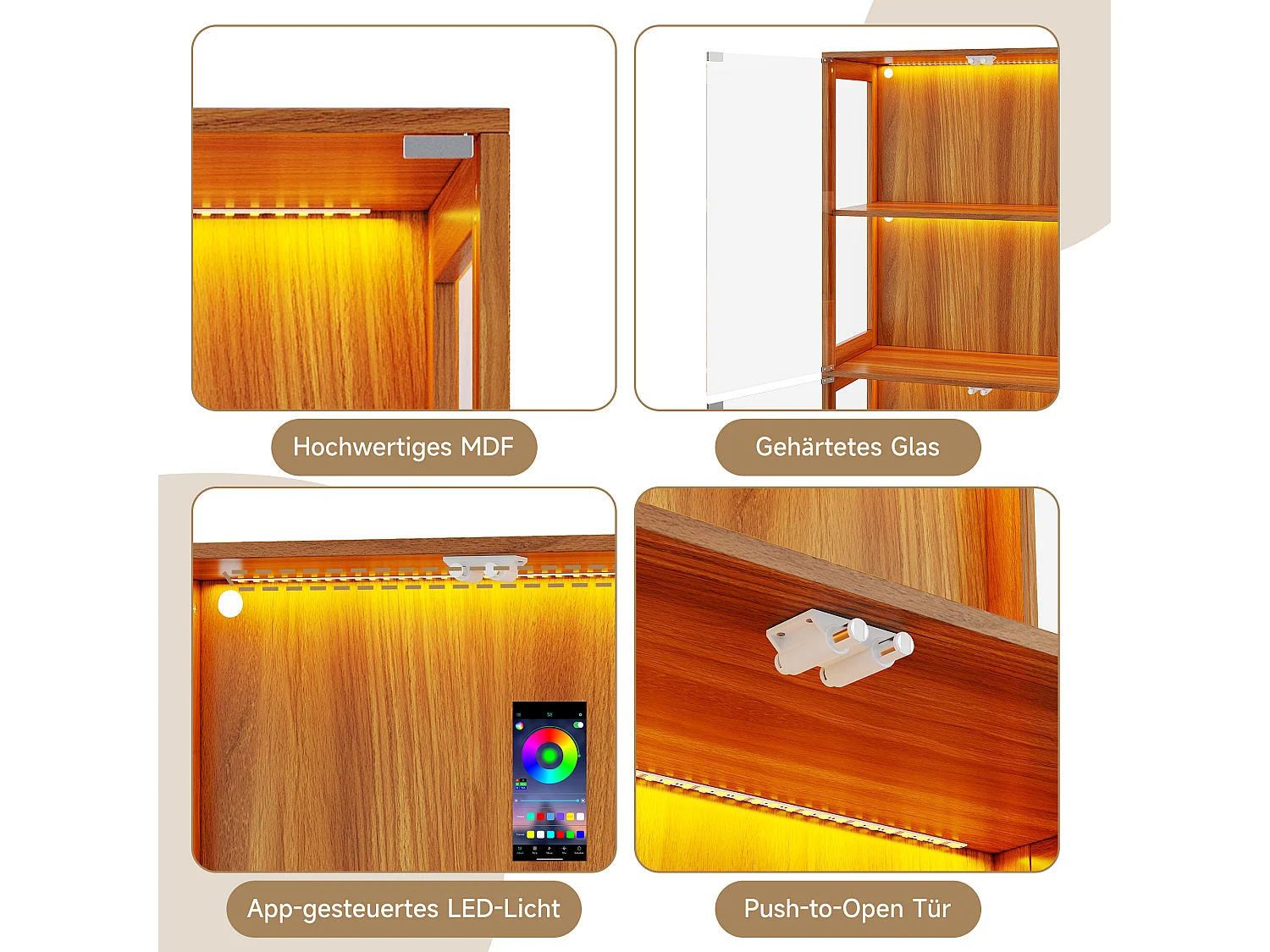 Vitrinskåp i glas 80x35x170 cm - LED-belysning - 4 glasdörrar och 4 förvaringshyllor - Finish i träimitation - Brun