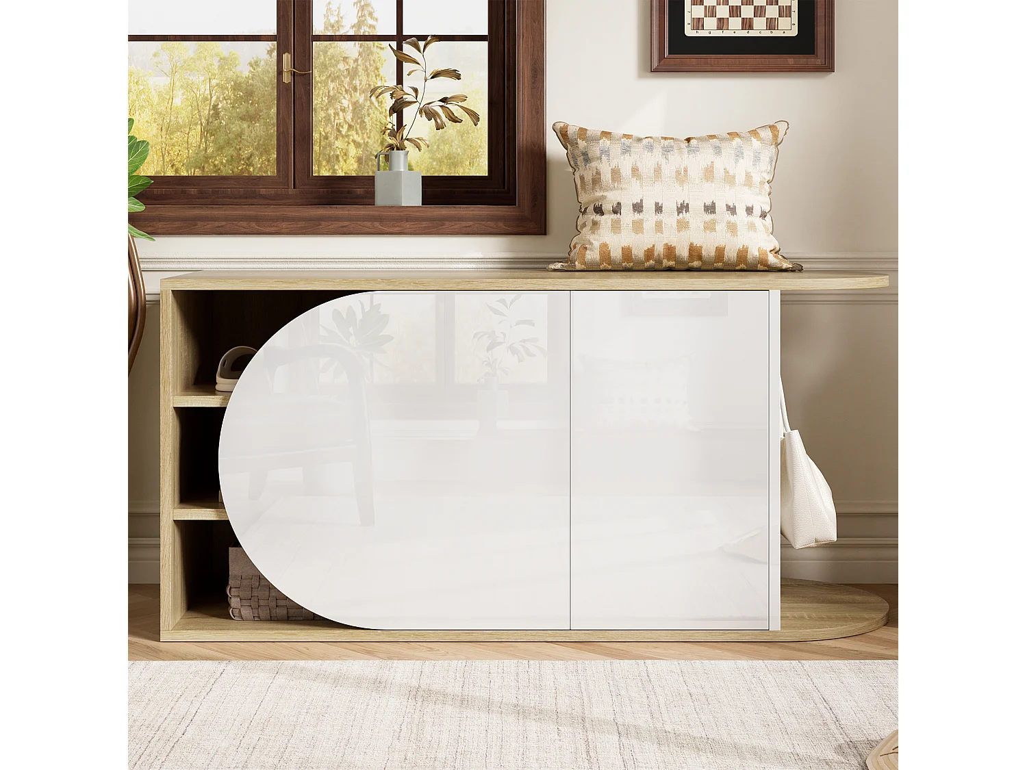 Meuble à chaussures avec 2 portes et 1 tiroir – 104 x 37 x 50 cm – Panneaux de particules – Blanc et bois naturel