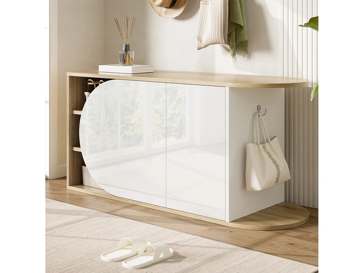 Meuble à chaussures avec 2 portes et 1 tiroir – 104 x 37 x 50 cm – Panneaux de particules – Blanc et bois naturel