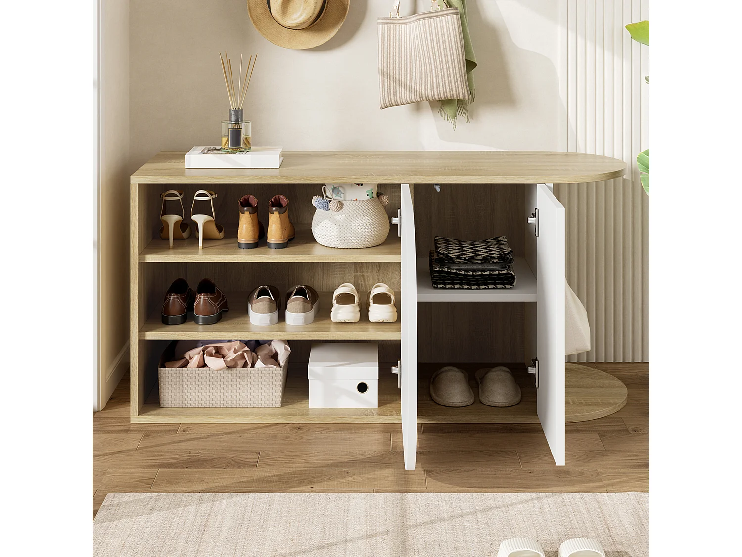 Meuble à chaussures avec 2 portes et 1 tiroir – 104 x 37 x 50 cm – Panneaux de particules – Blanc et bois naturel