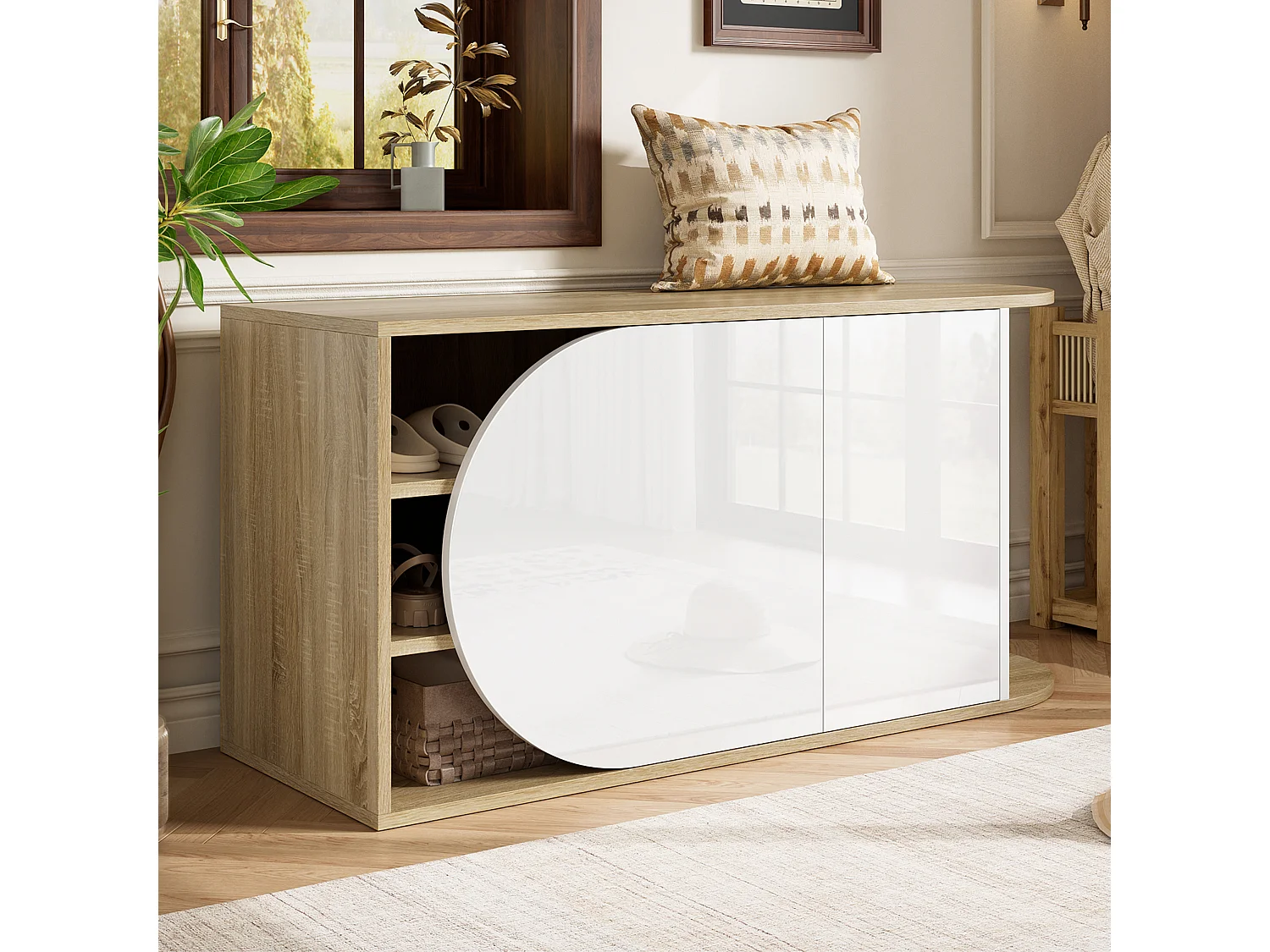 Meuble à chaussures avec 2 portes et 1 tiroir – 104 x 37 x 50 cm – Panneaux de particules – Blanc et bois naturel
