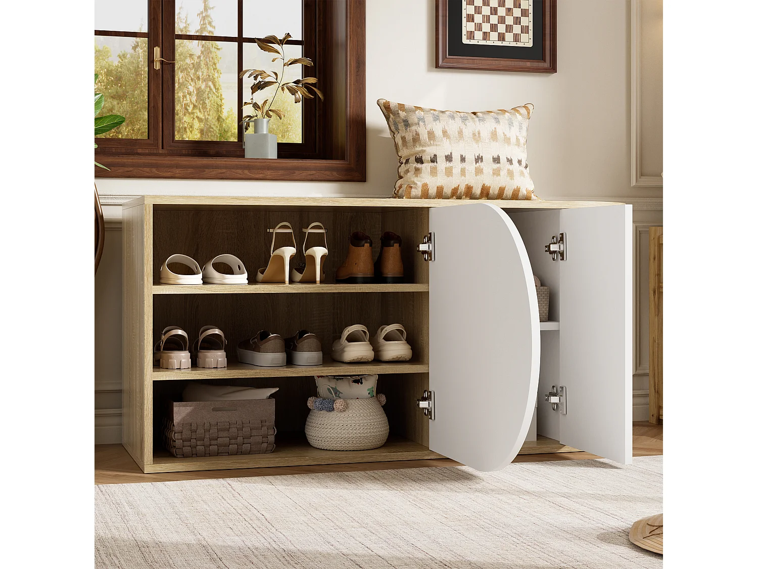 Meuble à chaussures avec 2 portes et 1 tiroir – 104 x 37 x 50 cm – Panneaux de particules – Blanc et bois naturel