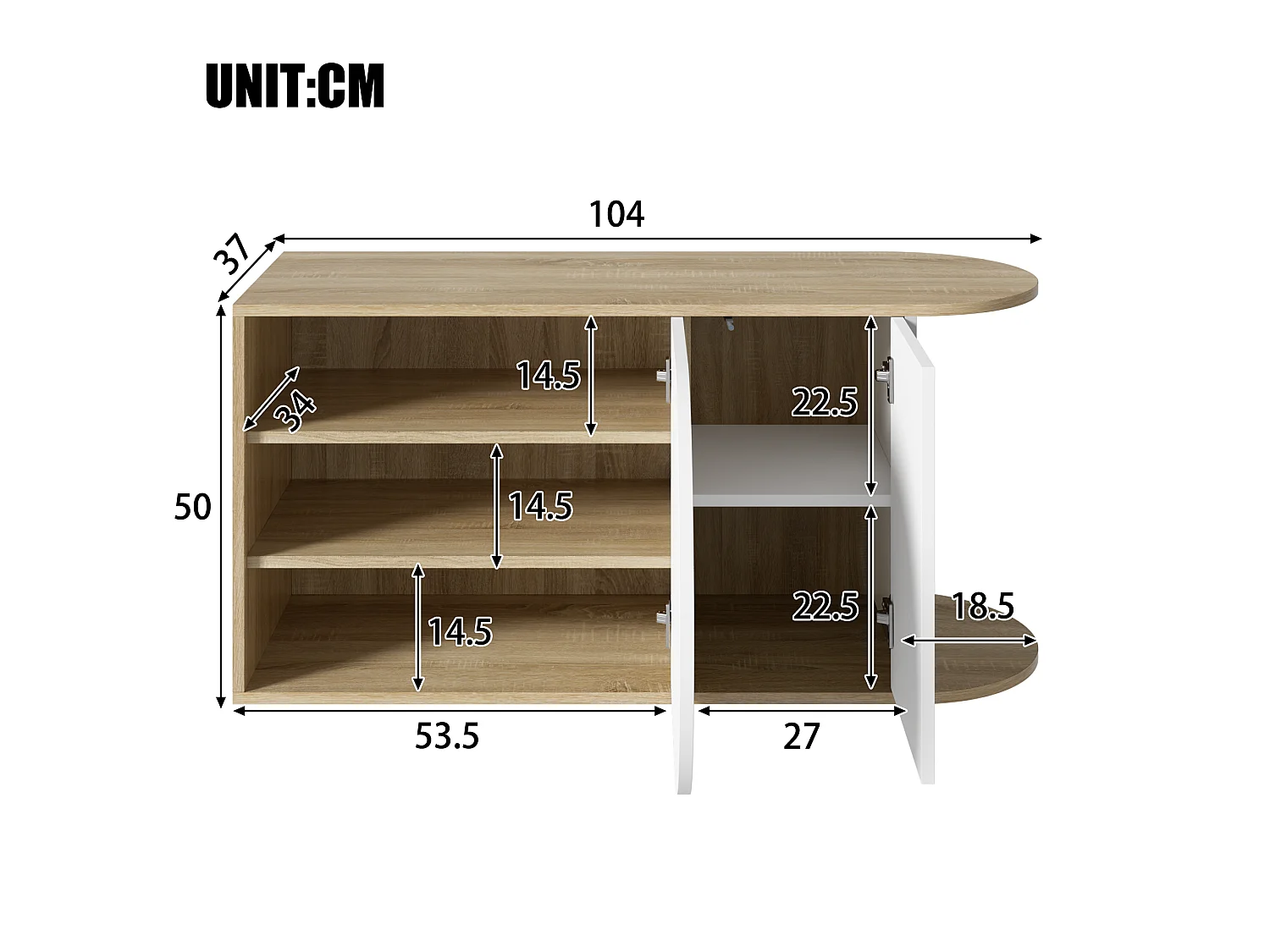 Meuble à chaussures avec 2 portes et 1 tiroir – 104 x 37 x 50 cm – Panneaux de particules – Blanc et bois naturel