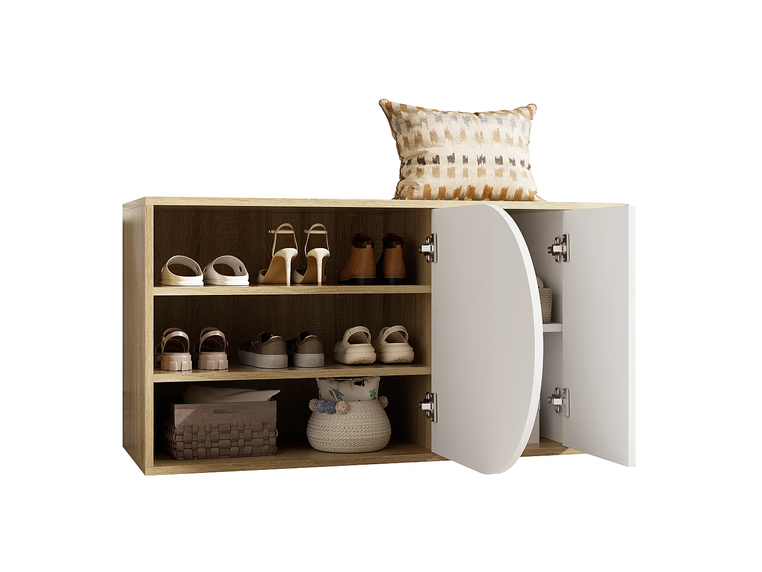 Meuble à chaussures avec 2 portes et 1 tiroir – 104 x 37 x 50 cm – Panneaux de particules – Blanc et bois naturel