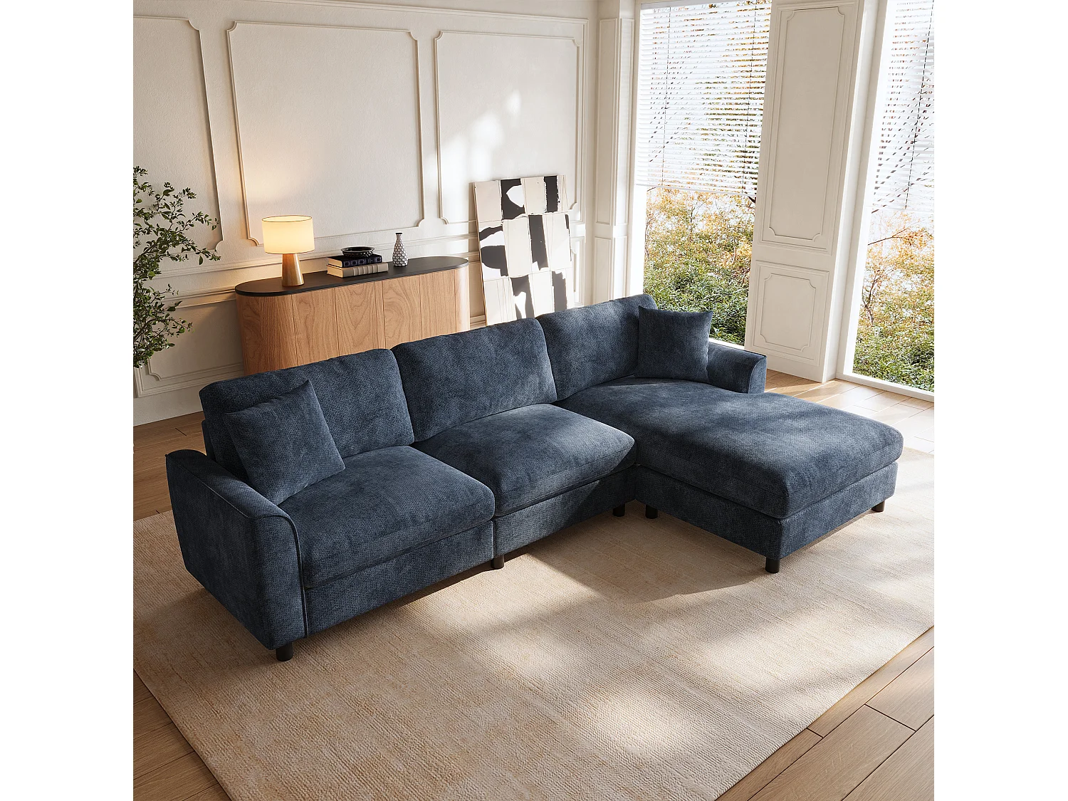 Hoekbank 3 zitplaatsen 256 × 137 × 79 cm - met chaise longue - kan links of rechts worden geplaatst - chenillestof - blauw