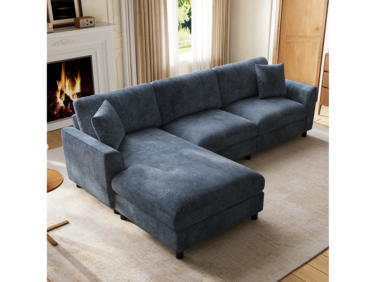 Hoekbank 3 zitplaatsen 256 × 137 × 79 cm - met chaise longue - kan links of rechts worden geplaatst - chenillestof - blauw