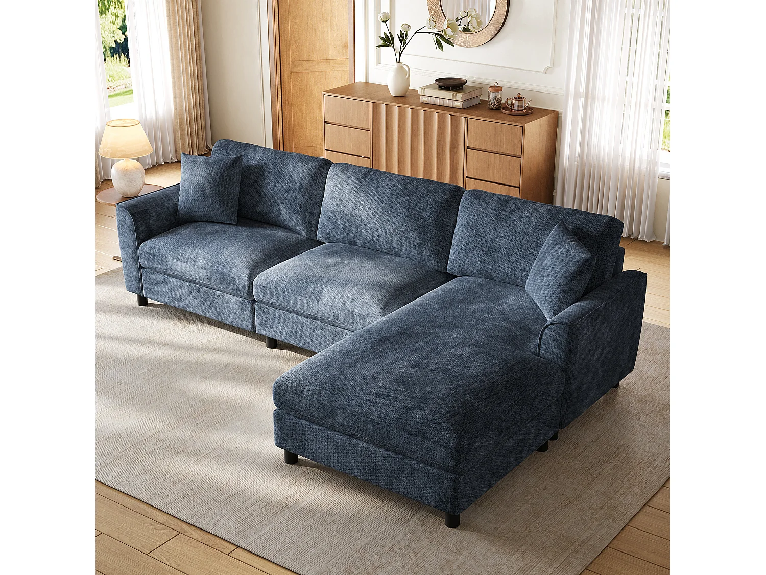 Hoekbank 3 zitplaatsen 256 × 137 × 79 cm - met chaise longue - kan links of rechts worden geplaatst - chenillestof - blauw