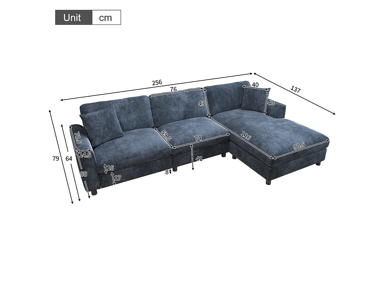 Hoekbank 3 zitplaatsen 256 × 137 × 79 cm - met chaise longue - kan links of rechts worden geplaatst - chenillestof - blauw