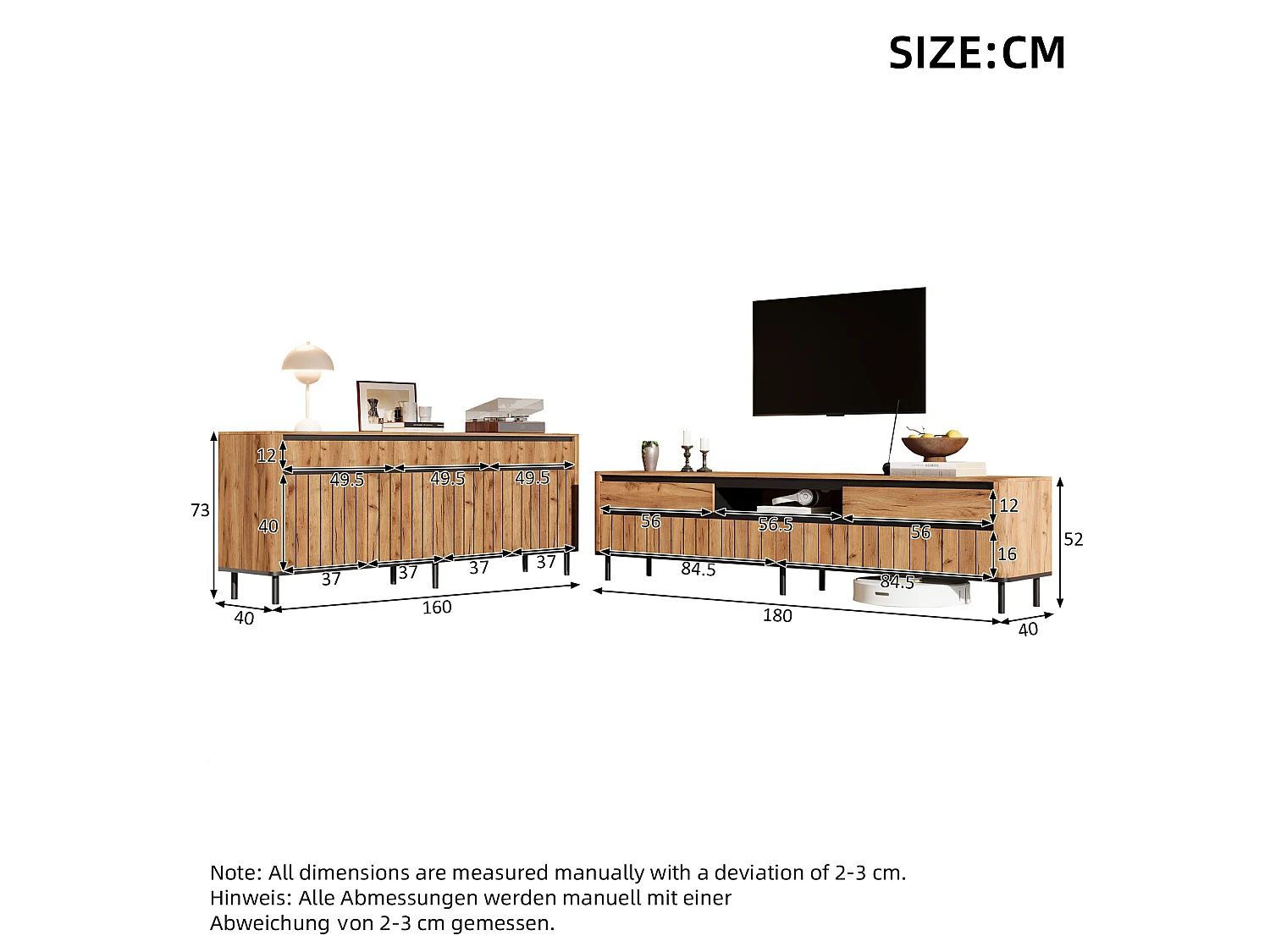180 cm TV-Möbel + Wohnzimmer-Sideboard-Set – für 75-Zoll-Fernseher – 7 Türen und 5 Schubladen – MDF und Metall – Naturholz und Schwarz