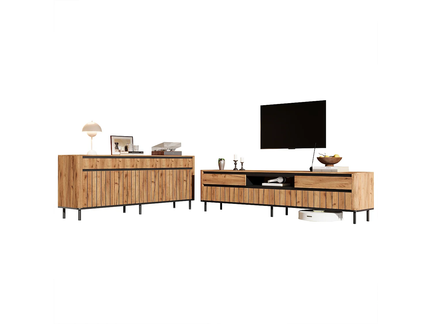 180 cm TV-Möbel + Wohnzimmer-Sideboard-Set – für 75-Zoll-Fernseher – 7 Türen und 5 Schubladen – MDF und Metall – Naturholz und Schwarz