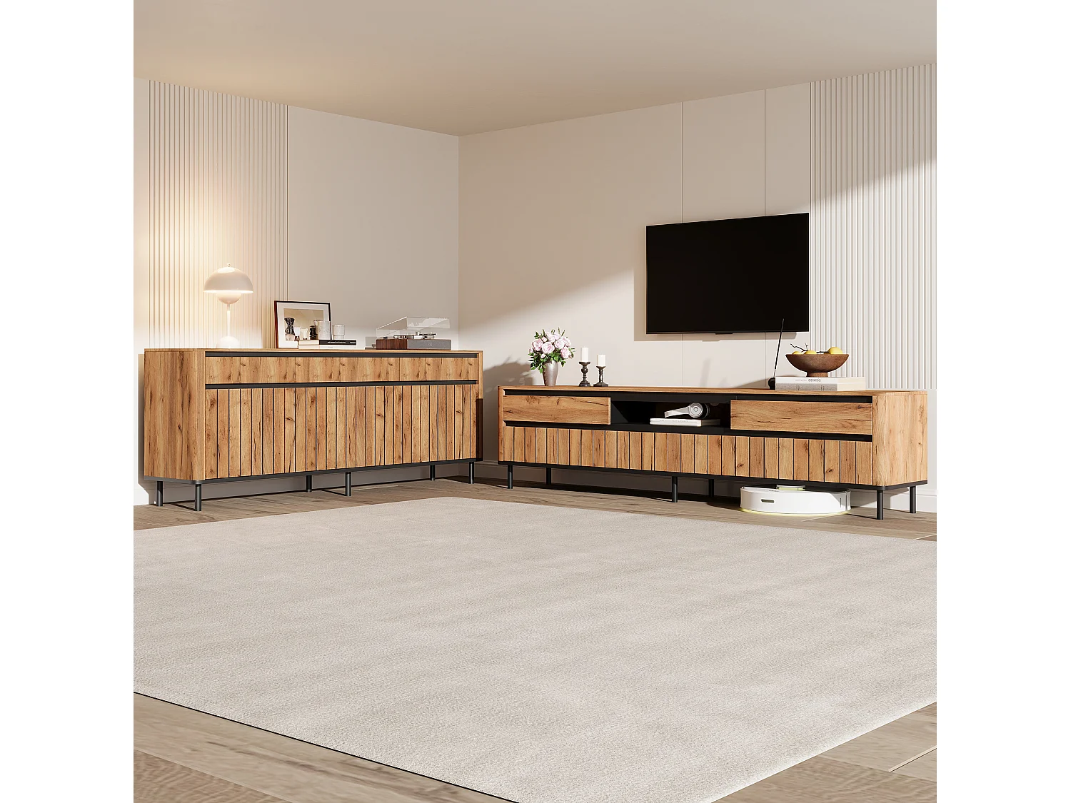 180 cm TV-Möbel + Wohnzimmer-Sideboard-Set – für 75-Zoll-Fernseher – 7 Türen und 5 Schubladen – MDF und Metall – Naturholz und Schwarz