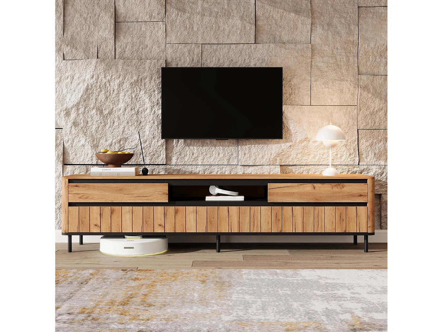 180 cm TV-Möbel + Wohnzimmer-Sideboard-Set – für 75-Zoll-Fernseher – 7 Türen und 5 Schubladen – MDF und Metall – Naturholz und Schwarz