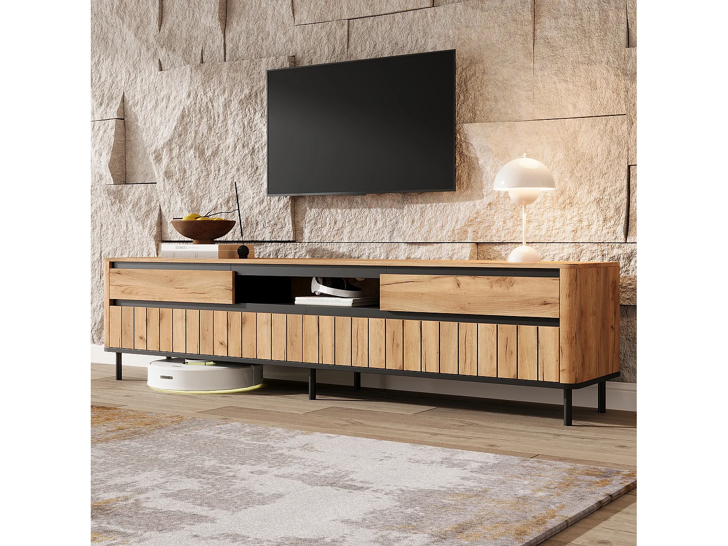 180 cm TV-Möbel + Wohnzimmer-Sideboard-Set – für 75-Zoll-Fernseher – 7 Türen und 5 Schubladen – MDF und Metall – Naturholz und Schwarz