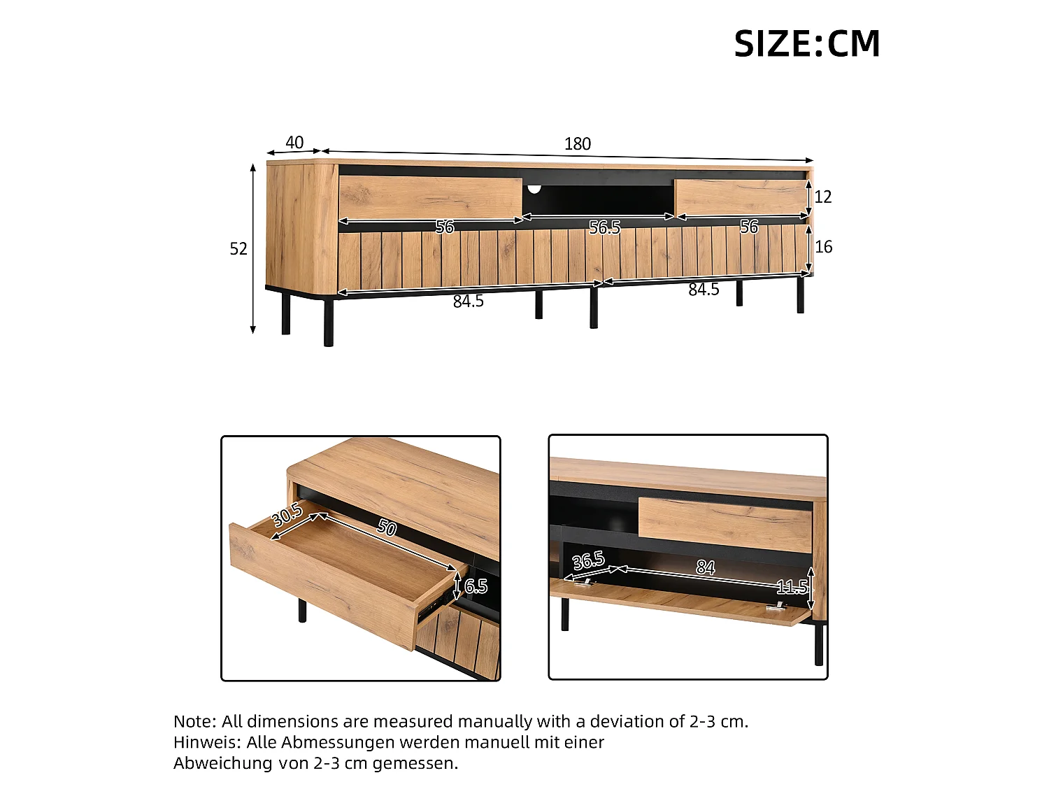 180 cm TV-Möbel + Wohnzimmer-Sideboard-Set – für 75-Zoll-Fernseher – 7 Türen und 5 Schubladen – MDF und Metall – Naturholz und Schwarz