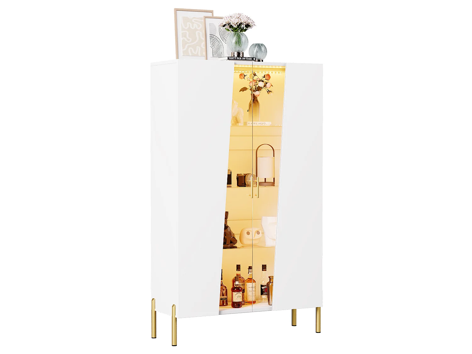 Vetrina in vetro 72x40x145 cm - con illuminazione LED - 2 ante e 3 ripiani in vetro - maniglie e base in metallo - bianco