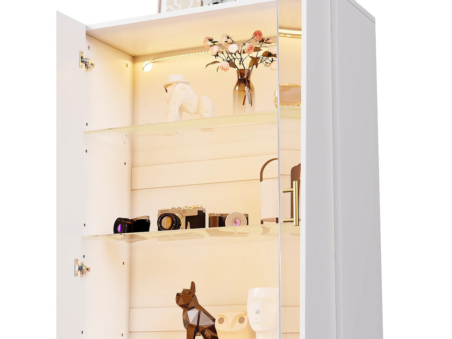 Vetrina in vetro 72x40x145 cm - con illuminazione LED - 2 ante e 3 ripiani in vetro - maniglie e base in metallo - bianco