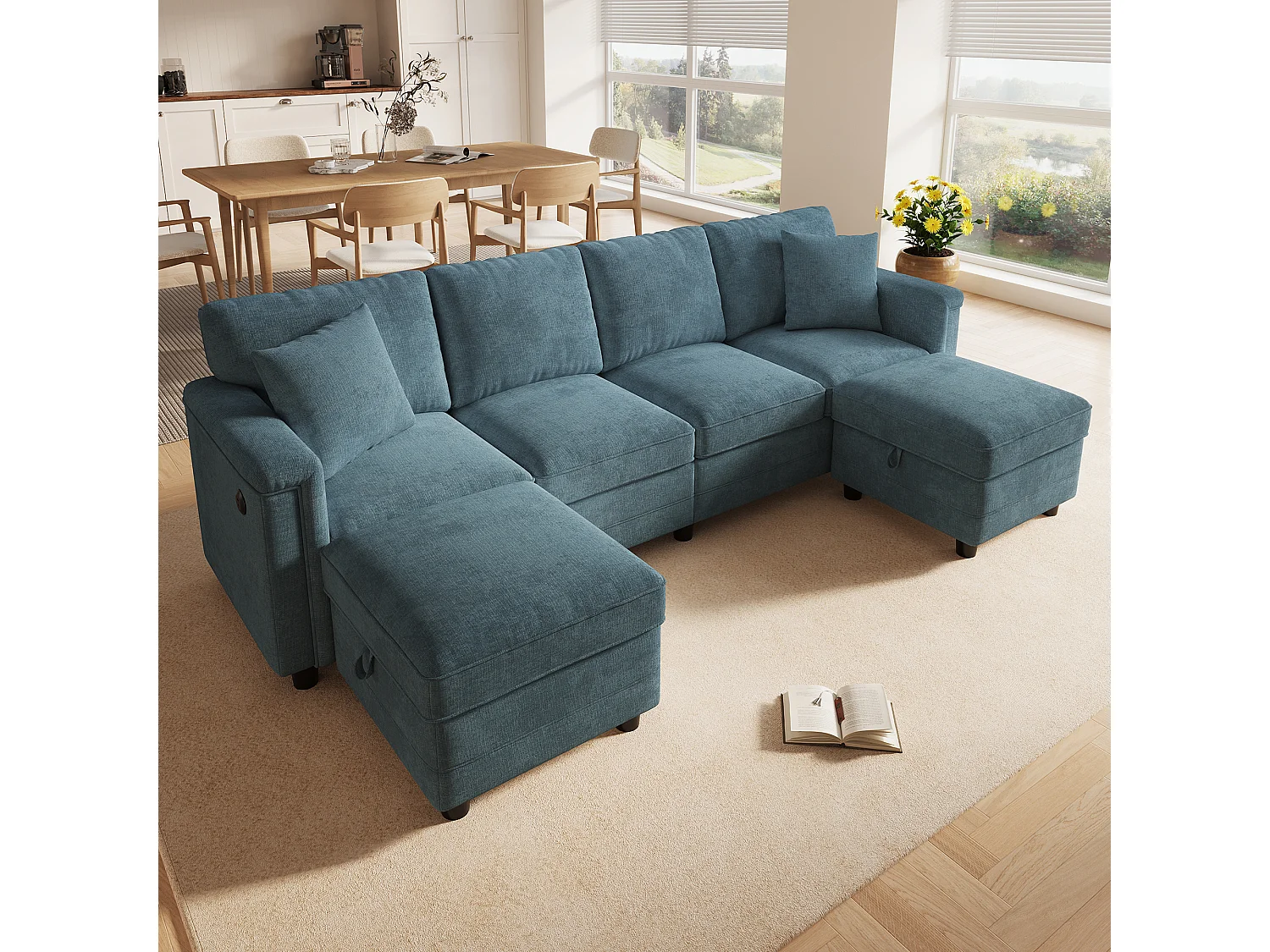 Hörnsoffa 4 platser i U/L-form 261 × 134 × 82 cm - med 2 förvaringspuffar och 2 kuddar - chenilletyg - blå