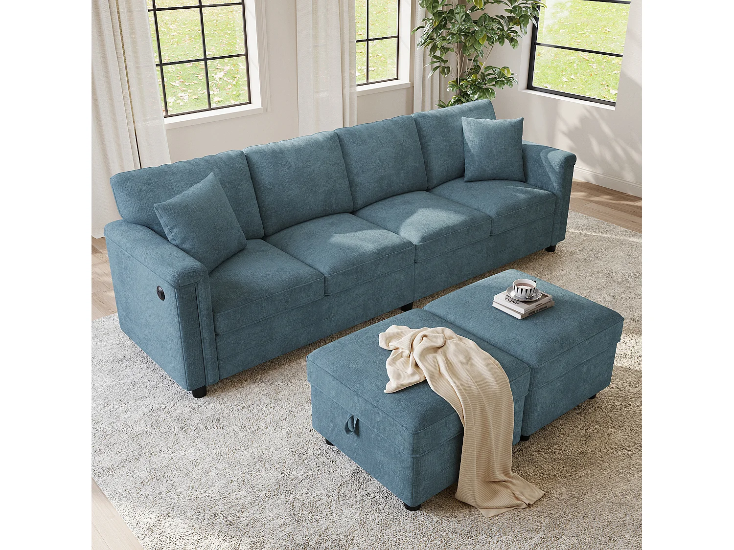 Hörnsoffa 4 platser i U/L-form 261 × 134 × 82 cm - med 2 förvaringspuffar och 2 kuddar - chenilletyg - blå