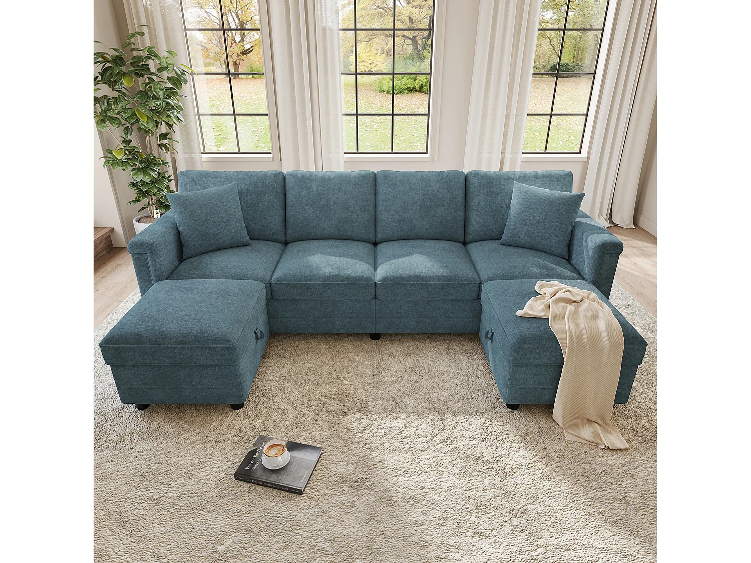 Hörnsoffa 4 platser i U/L-form 261 × 134 × 82 cm - med 2 förvaringspuffar och 2 kuddar - chenilletyg - blå