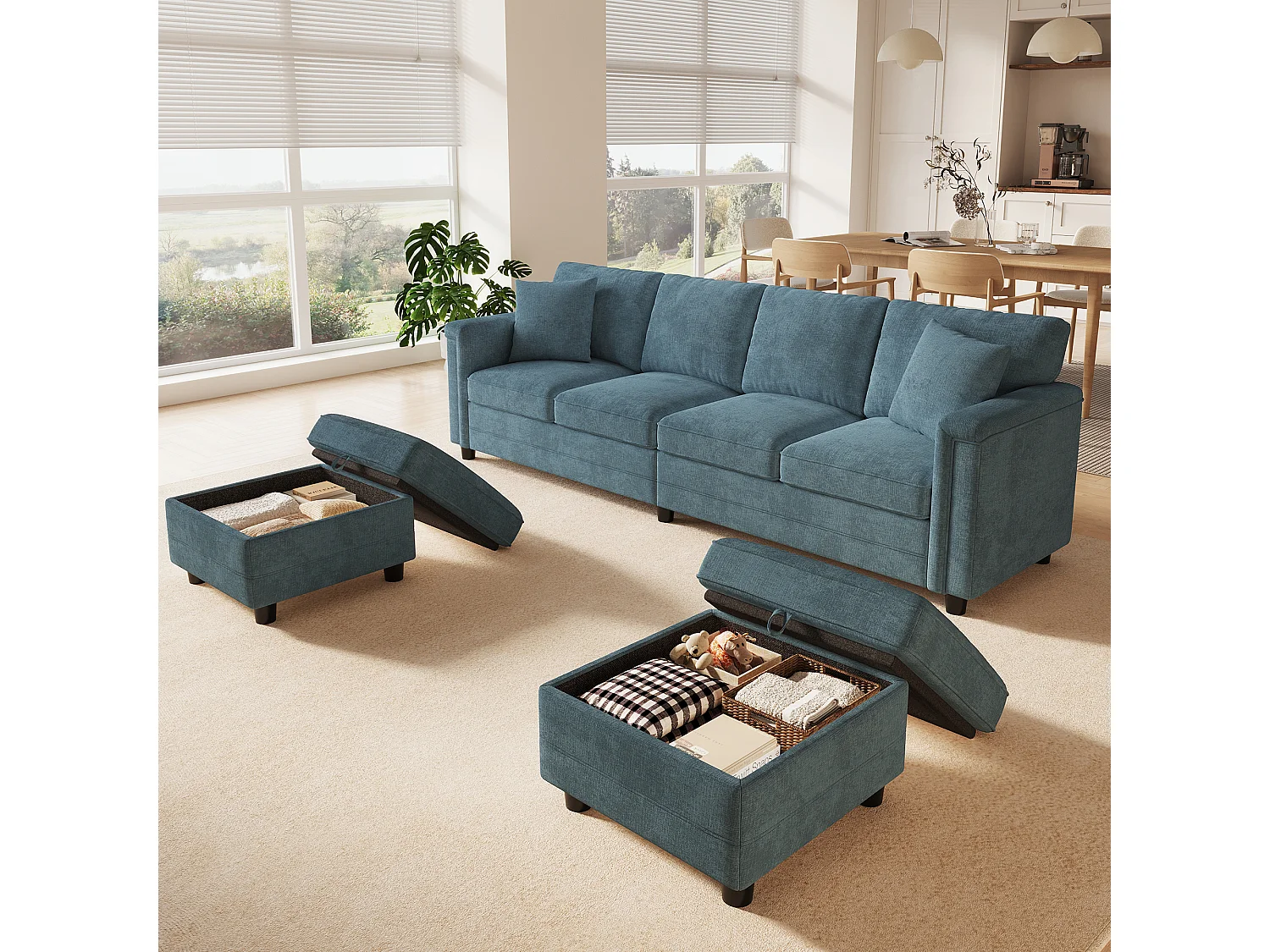 Hörnsoffa 4 platser i U/L-form 261 × 134 × 82 cm - med 2 förvaringspuffar och 2 kuddar - chenilletyg - blå