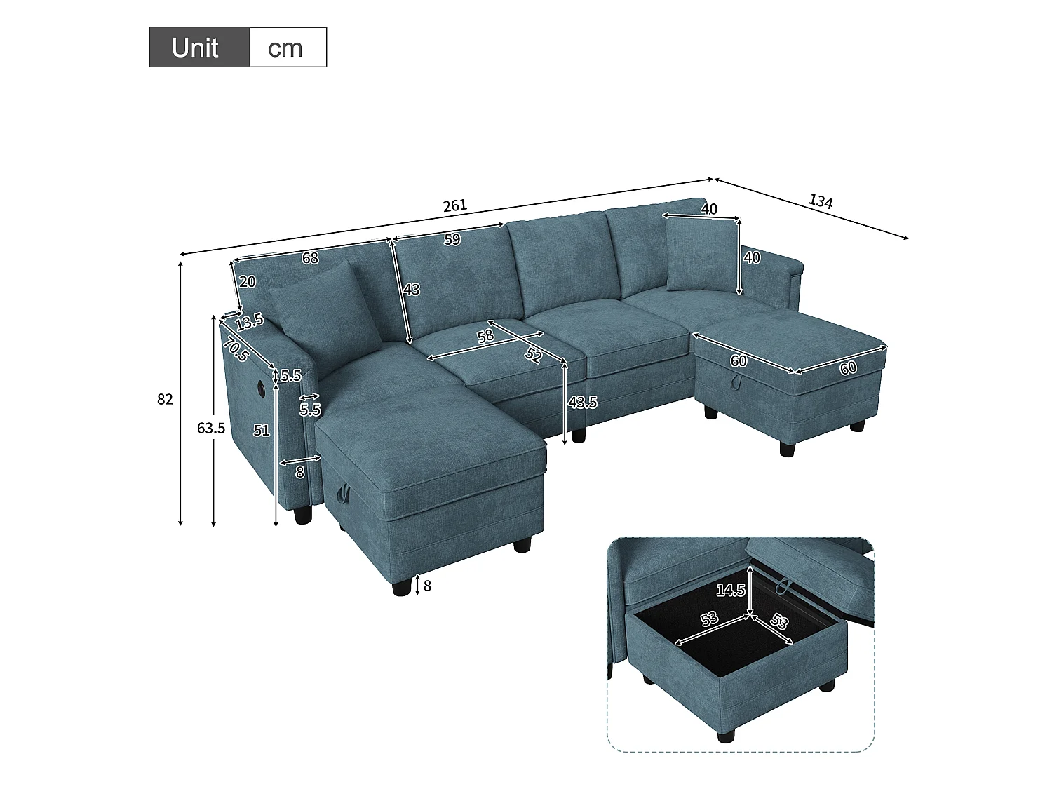 Hörnsoffa 4 platser i U/L-form 261 × 134 × 82 cm - med 2 förvaringspuffar och 2 kuddar - chenilletyg - blå