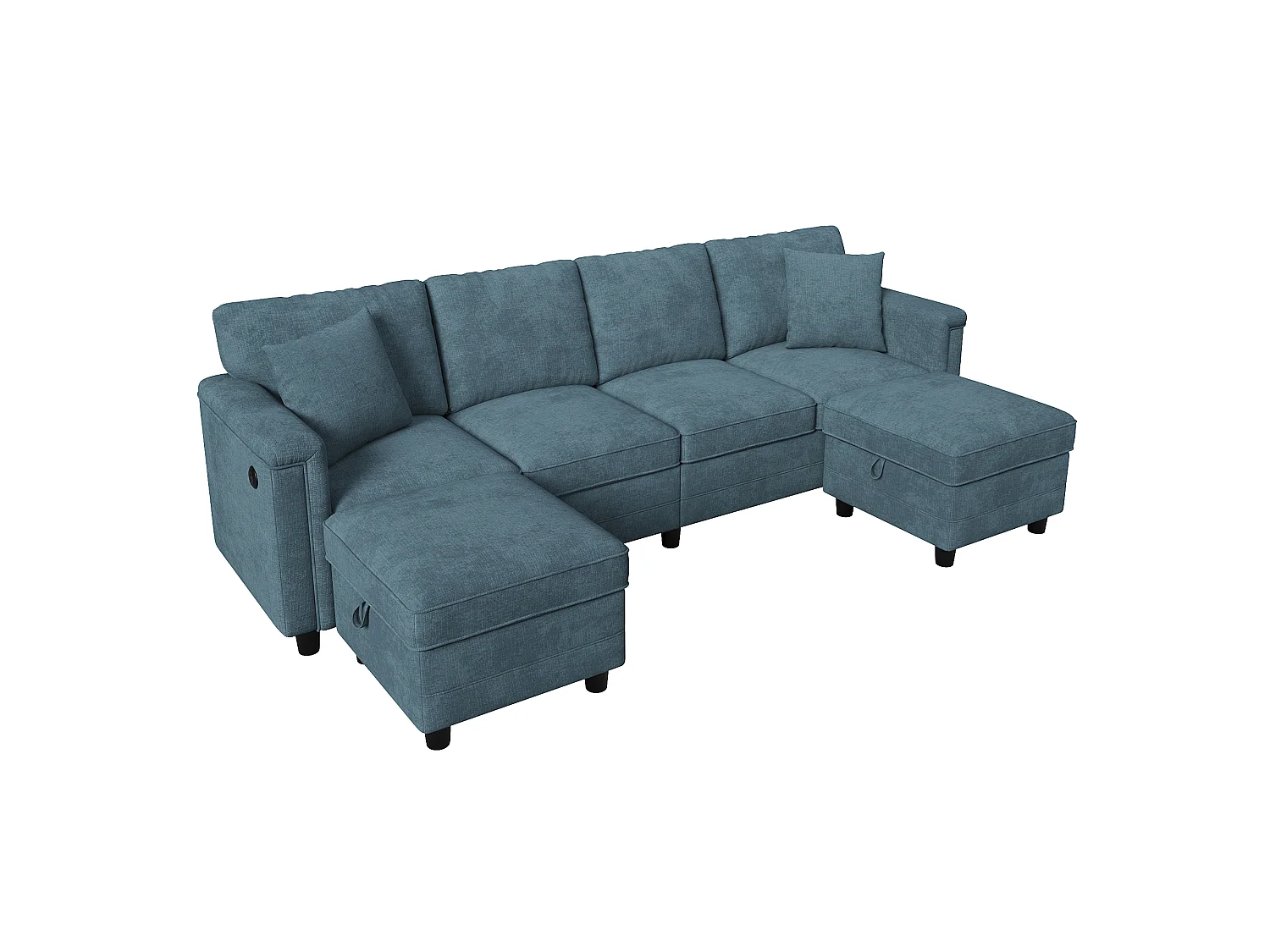 Hörnsoffa 4 platser i U/L-form 261 × 134 × 82 cm - med 2 förvaringspuffar och 2 kuddar - chenilletyg - blå