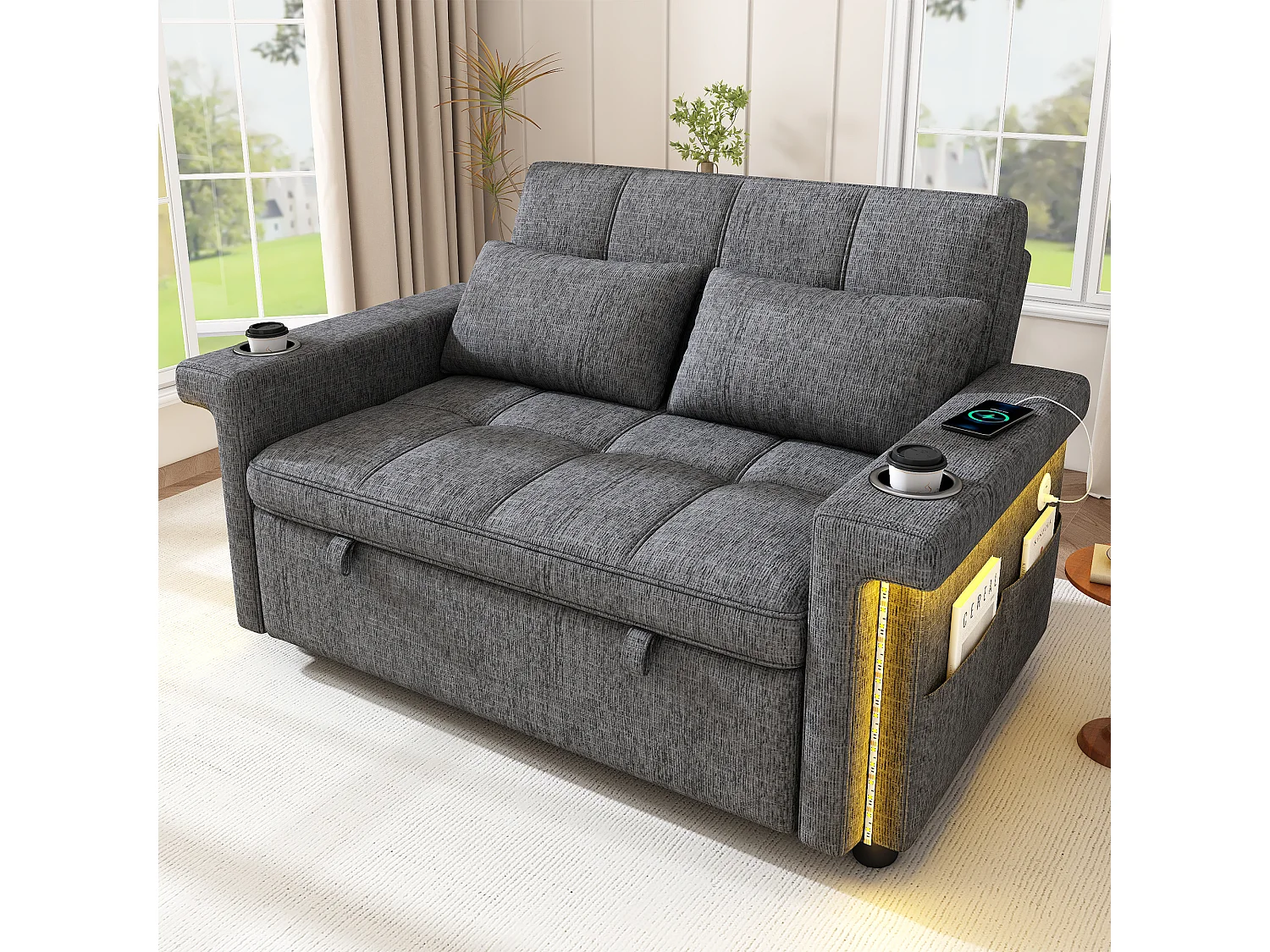 Canapé 2 places - avec éclairage LED - avec port de chargement USB/Type-C - avec dossier réglable - avec coussins, porte-gobelets et poches latérales - gris