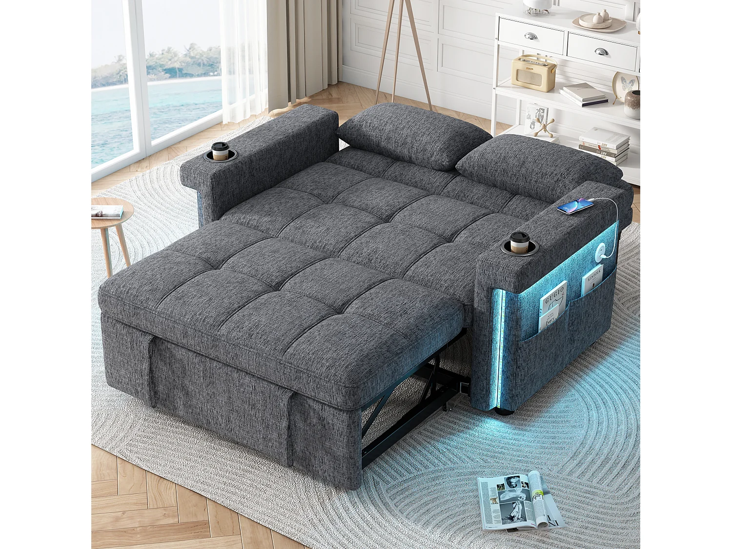 Canapé 2 places - avec éclairage LED - avec port de chargement USB/Type-C - avec dossier réglable - avec coussins, porte-gobelets et poches latérales - gris