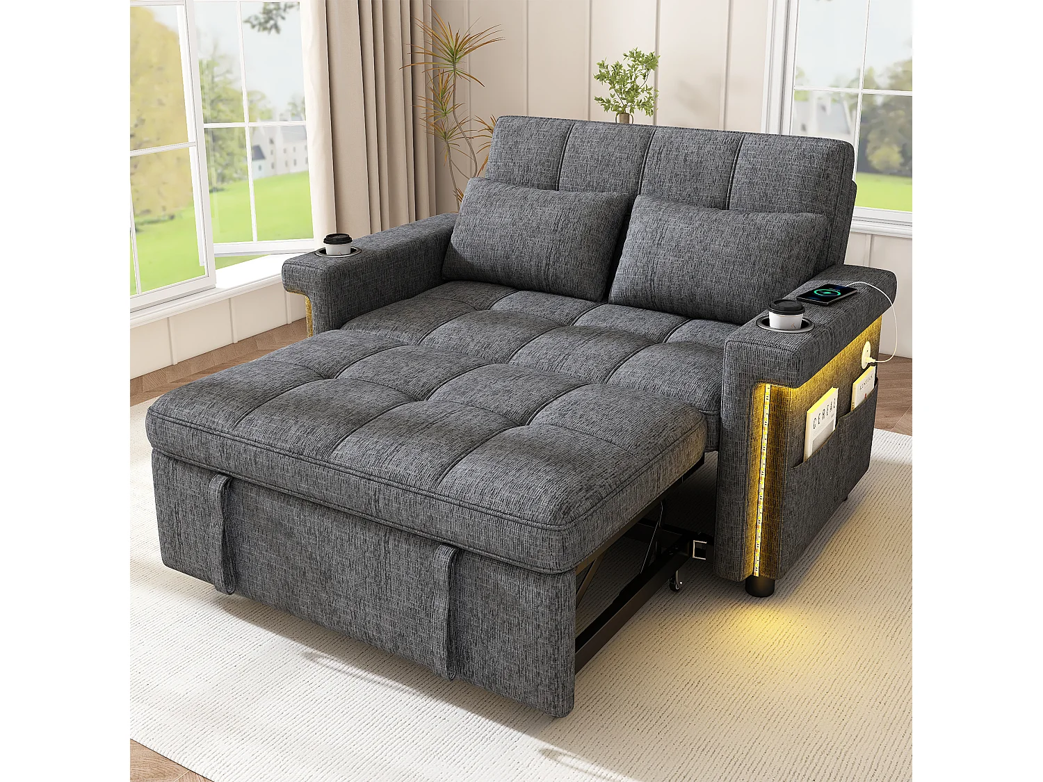 Canapé 2 places - avec éclairage LED - avec port de chargement USB/Type-C - avec dossier réglable - avec coussins, porte-gobelets et poches latérales - gris