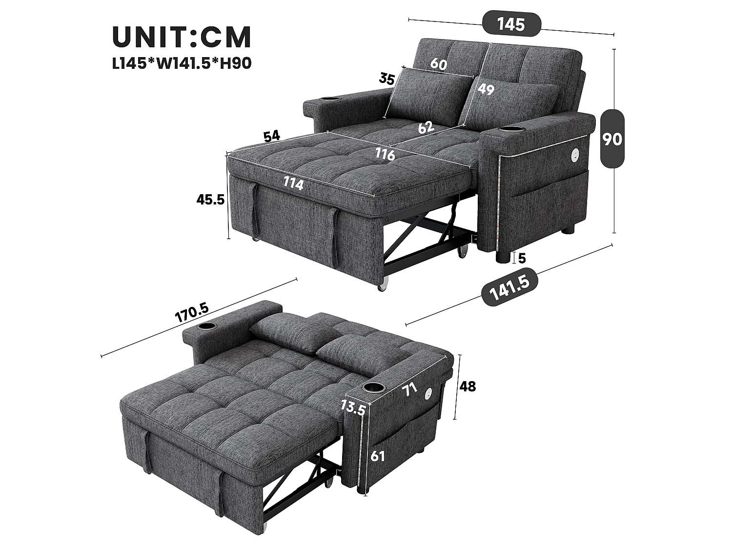 Canapé 2 places - avec éclairage LED - avec port de chargement USB/Type-C - avec dossier réglable - avec coussins, porte-gobelets et poches latérales - gris