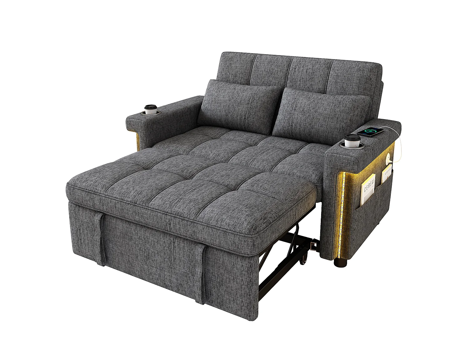 Canapé 2 places - avec éclairage LED - avec port de chargement USB/Type-C - avec dossier réglable - avec coussins, porte-gobelets et poches latérales - gris